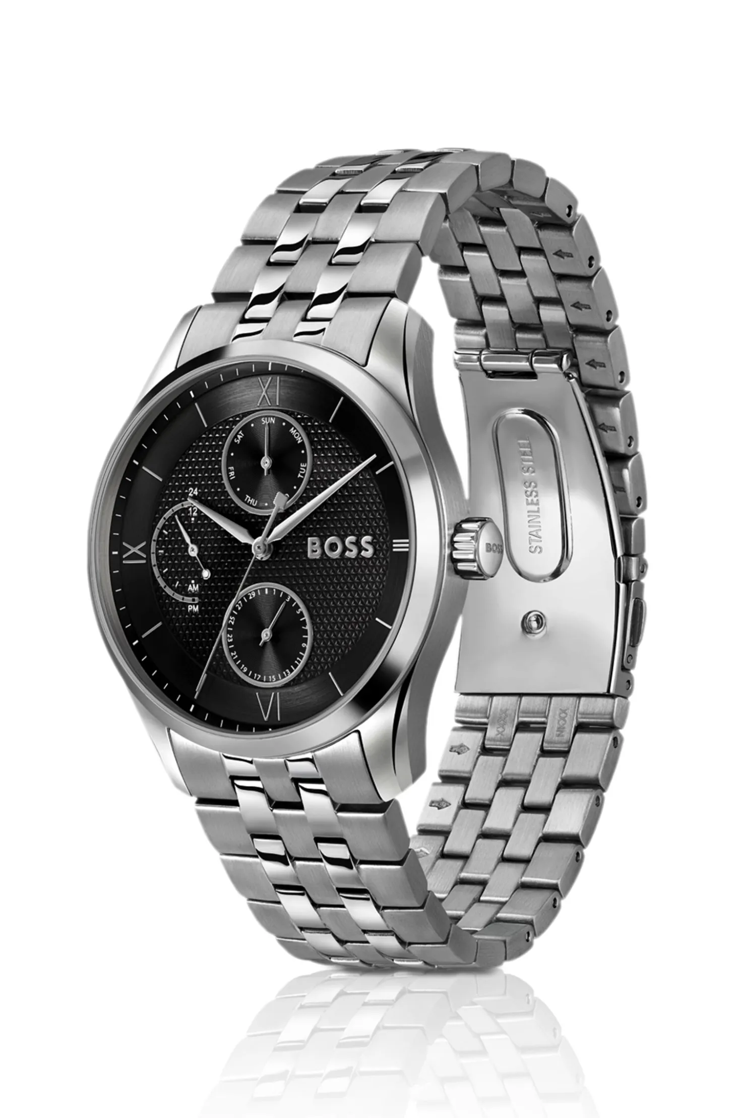 Uhr mit schwarzem Zifferblatt und Gliederarmband
