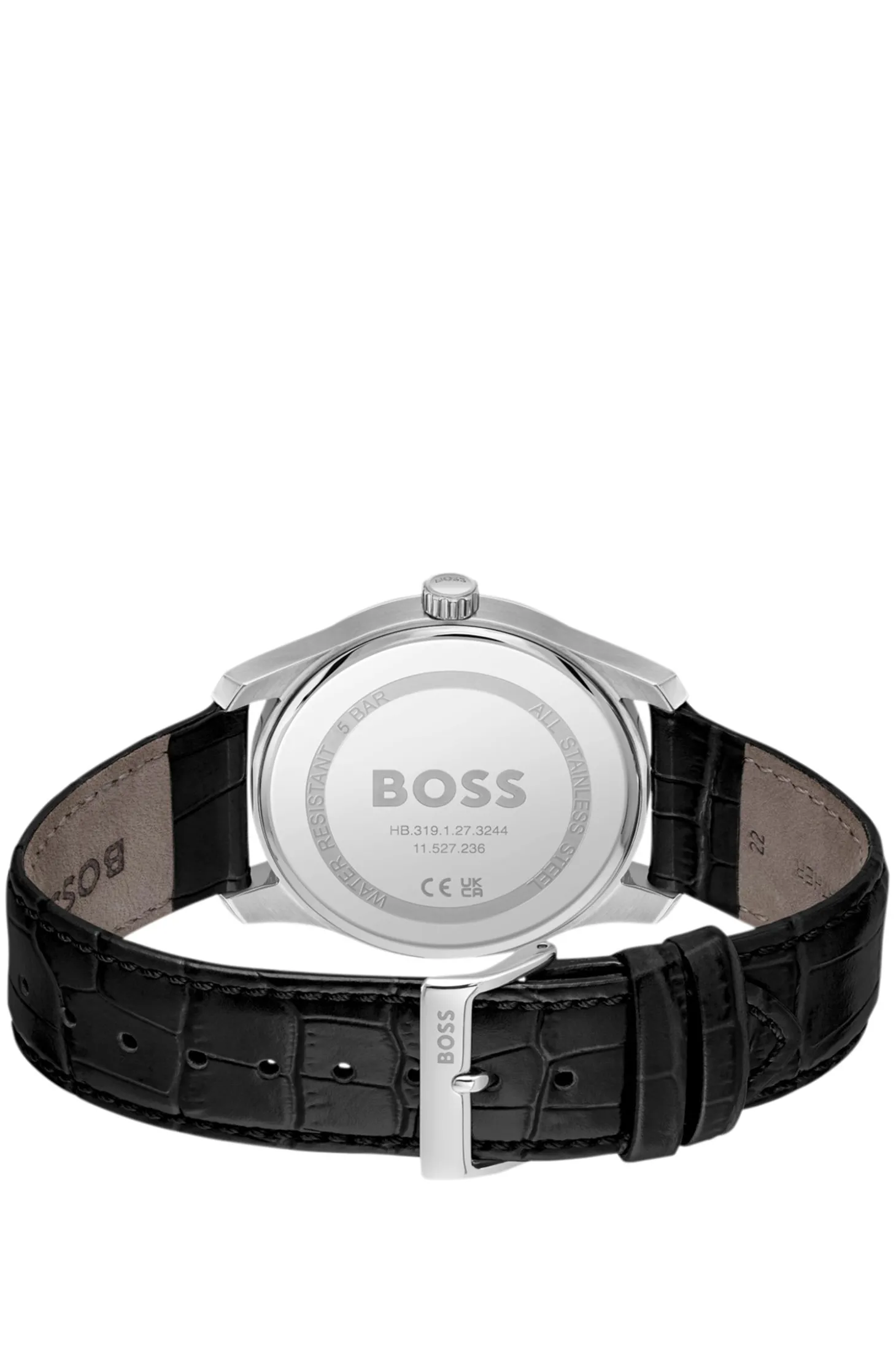 Uhr mit strukturiertem Zifferblatt und Lederarmband in Schwarz