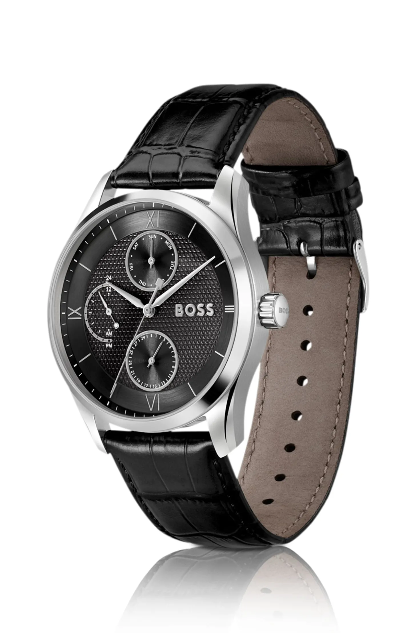 Uhr mit strukturiertem Zifferblatt und Lederarmband in Schwarz