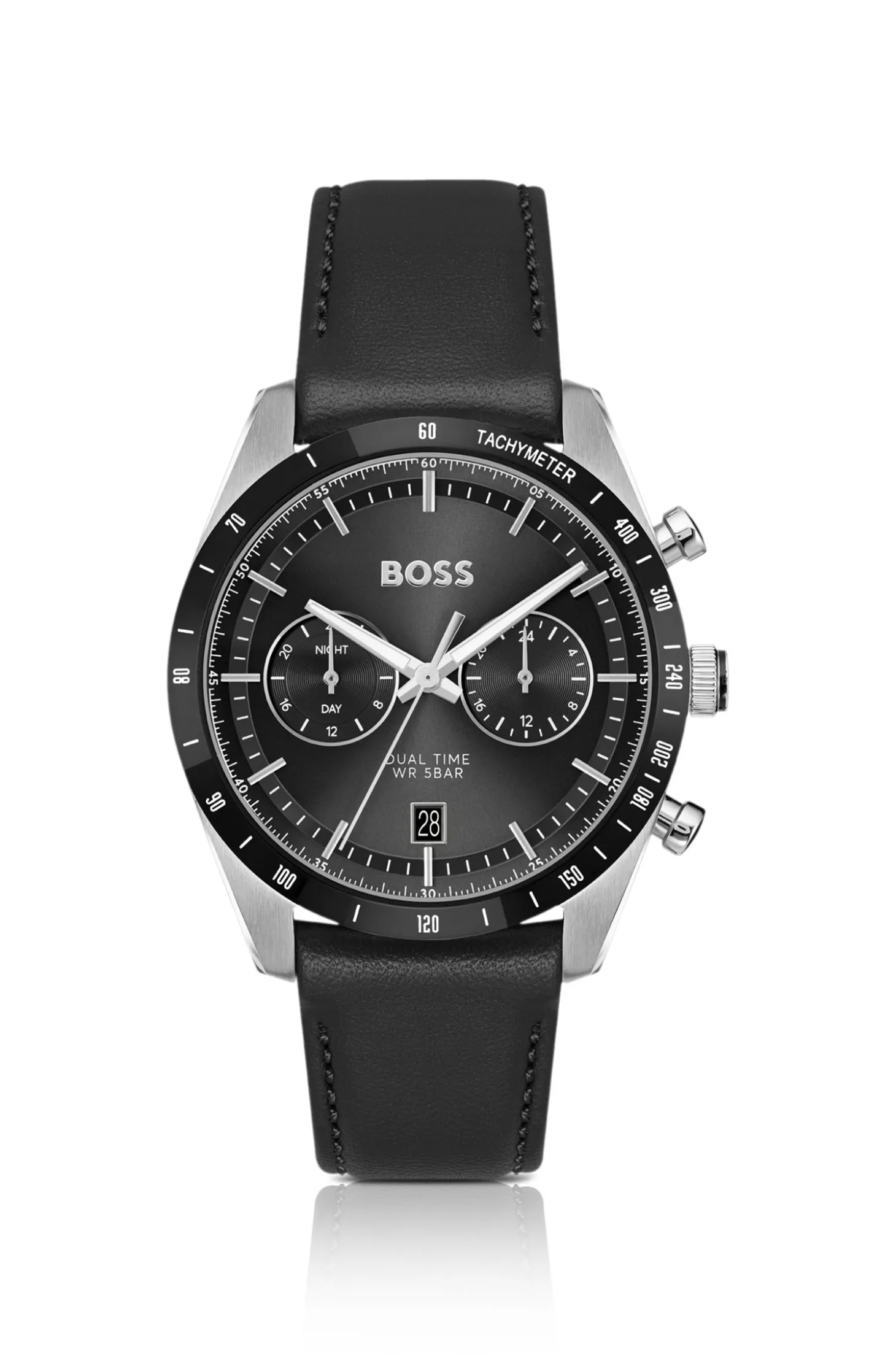Uhr mit Zifferblatt und Lederarmband in Schwarz