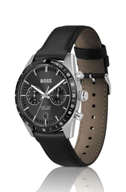 Uhr mit Zifferblatt und Lederarmband in Schwarz
