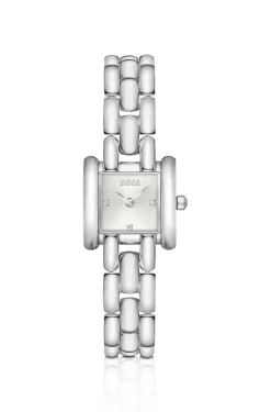 Violette quadratische Uhr aus Edelstahl mit skulpturalem Armband
