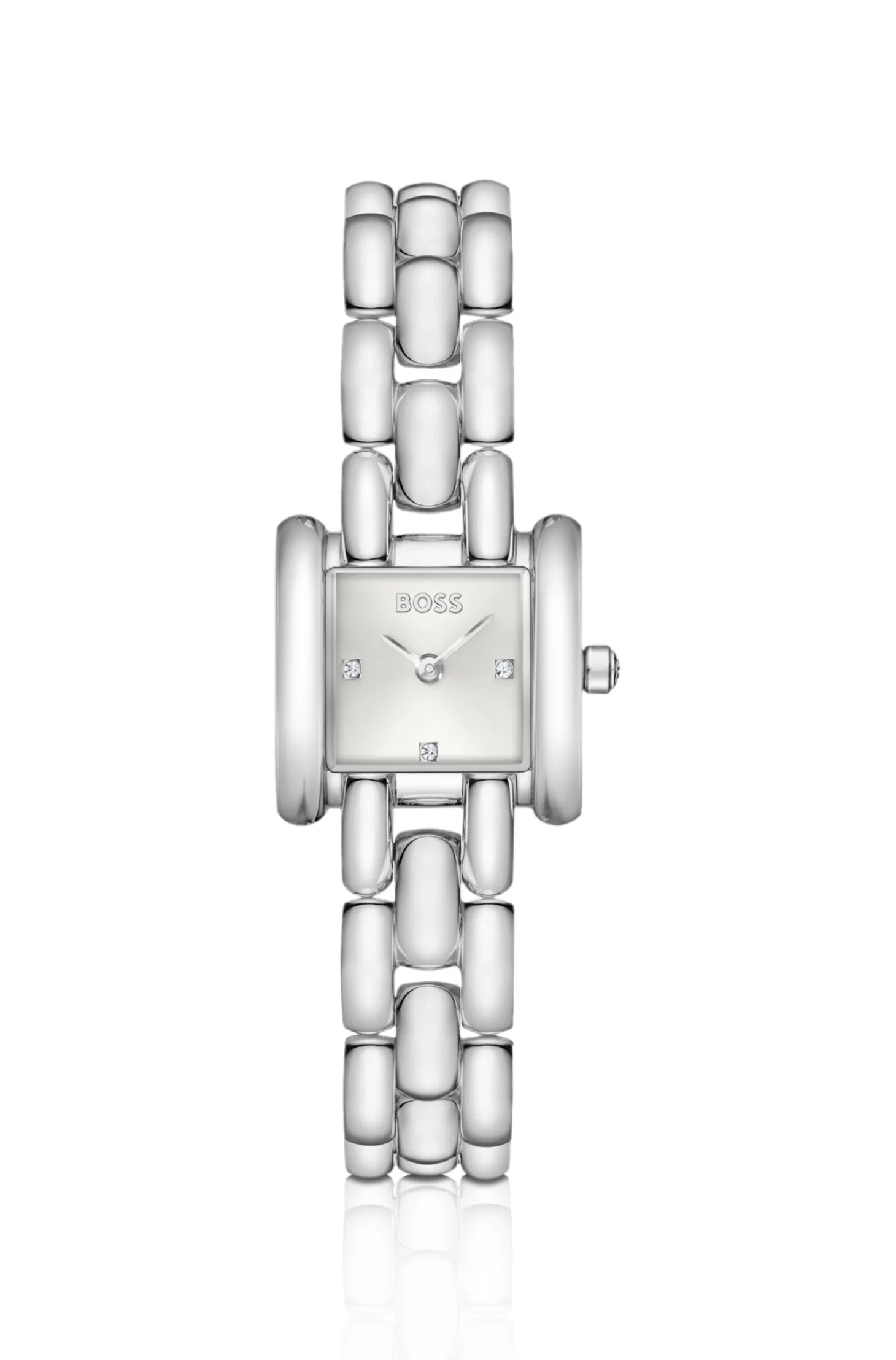 Violette quadratische Uhr aus Edelstahl mit skulpturalem Armband
