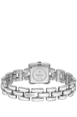 Violette quadratische Uhr aus Edelstahl mit skulpturalem Armband