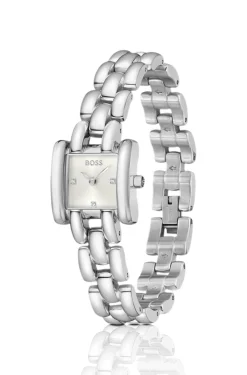 Violette quadratische Uhr aus Edelstahl mit skulpturalem Armband