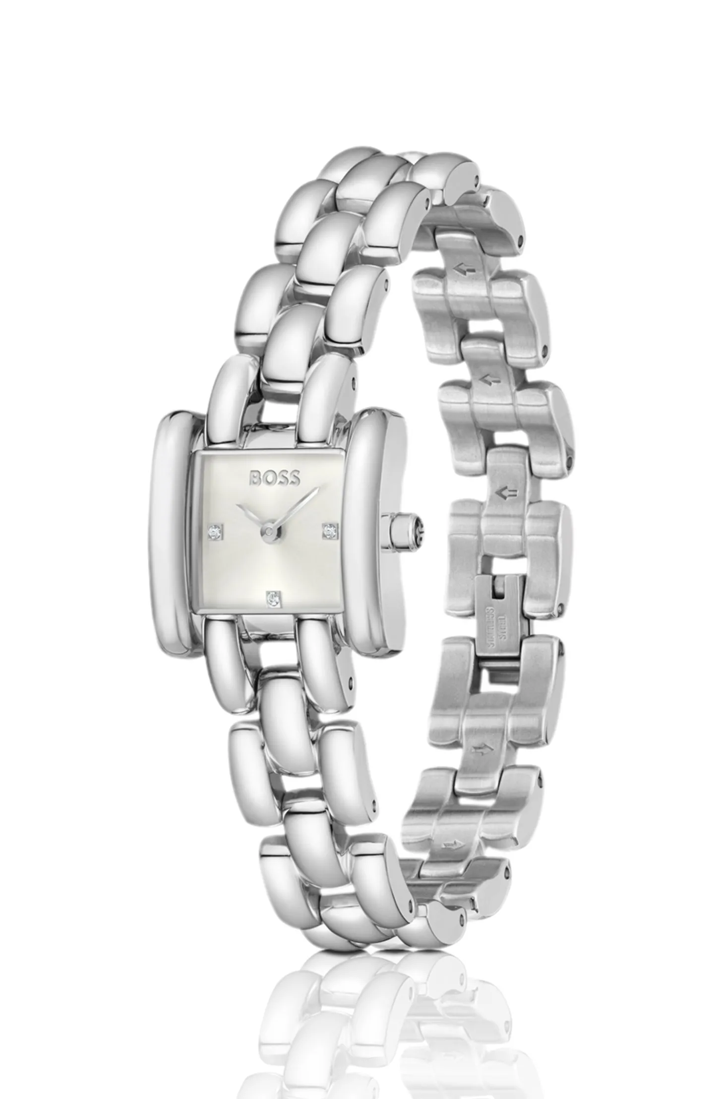 Violette quadratische Uhr aus Edelstahl mit skulpturalem Armband