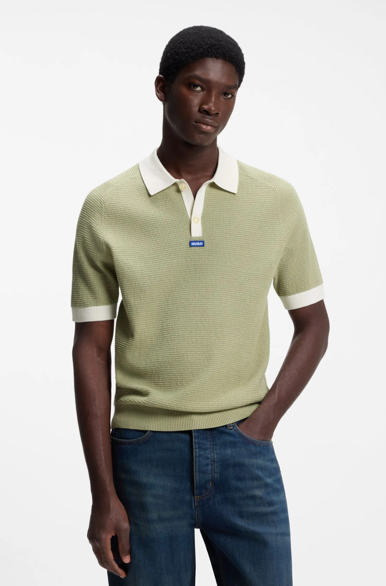 Waffelstrick-Poloshirt aus Baumwolle mit Kontrast-Details