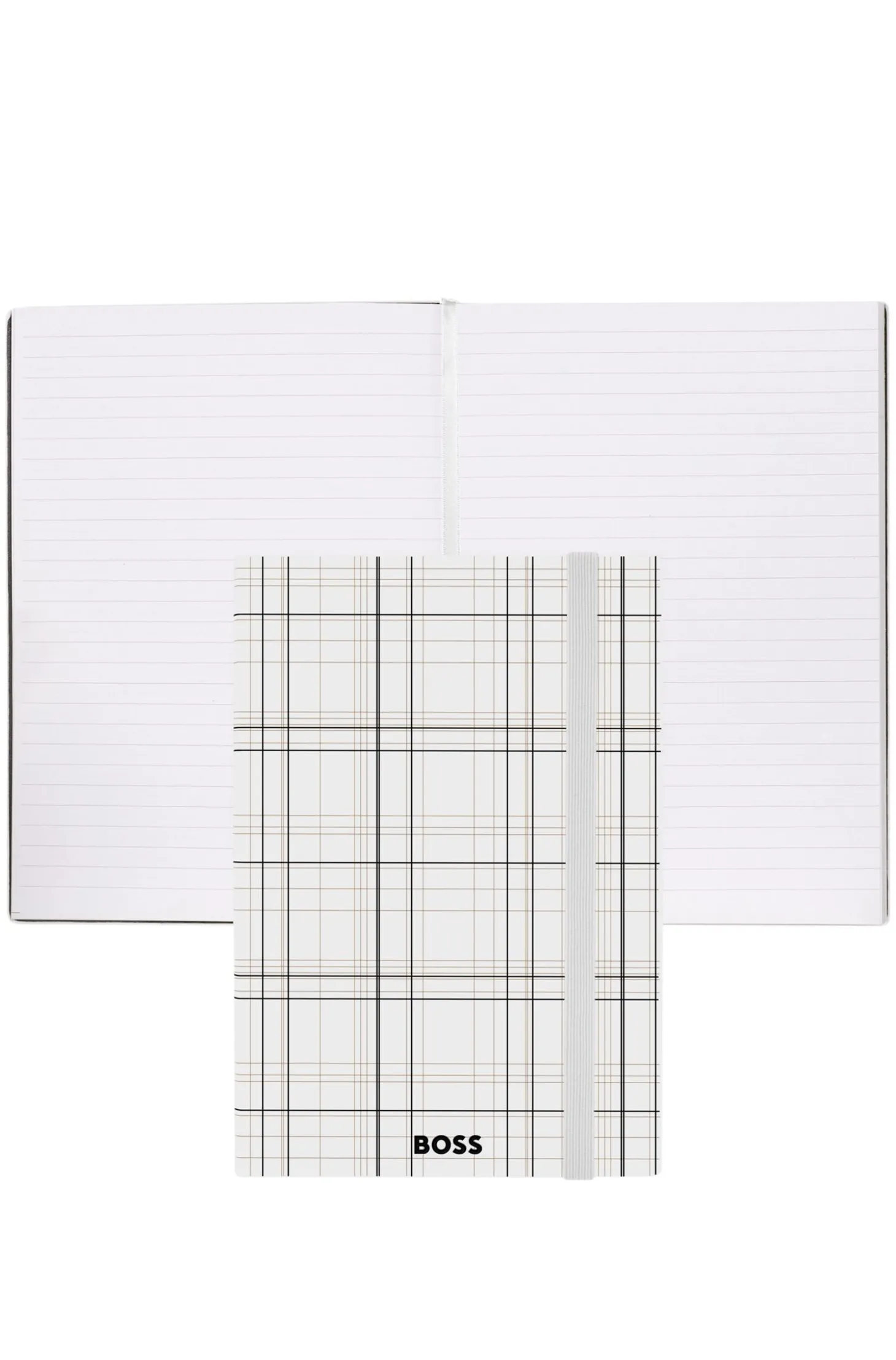 Weißes A5-Notizbuch mit Karo-Print und Folien-Logo