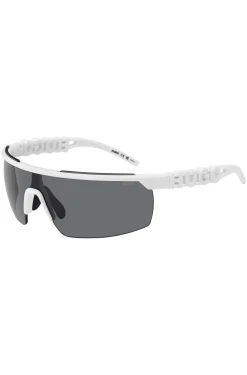 Weiße Sonnenbrille im Masken-Stil mit 3D-Logo auf den Bügeln