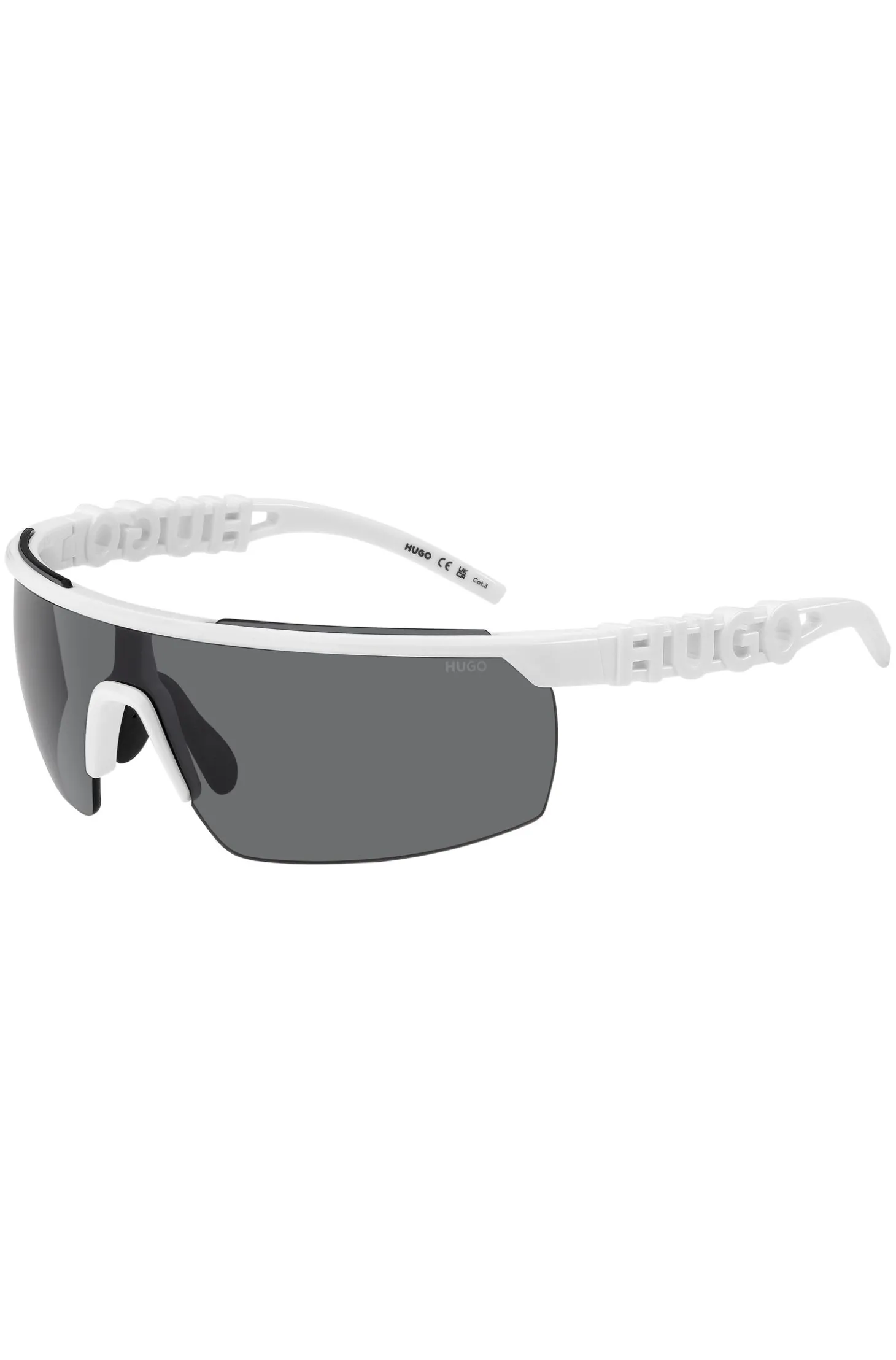 Weiße Sonnenbrille im Masken-Stil mit 3D-Logo auf den Bügeln