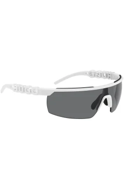 Weiße Sonnenbrille im Masken-Stil mit 3D-Logo auf den Bügeln
