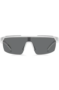 Weiße Sonnenbrille im Masken-Stil mit 3D-Logo auf den Bügeln