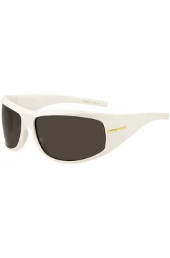 Weiße Sonnenbrille im Masken-Stil mit goldfarbenen Metalldetails