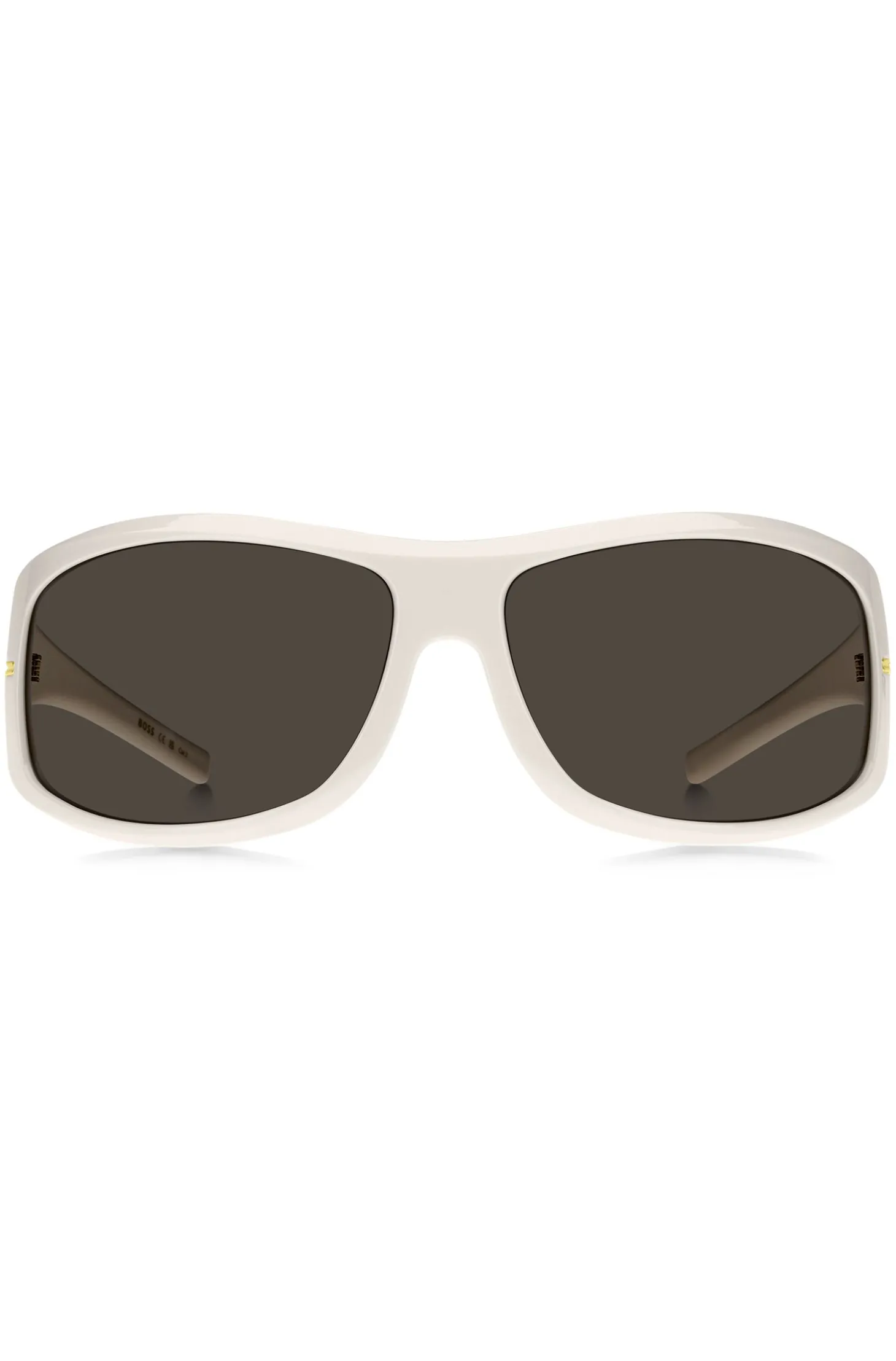 Weiße Sonnenbrille im Masken-Stil mit goldfarbenen Metalldetails