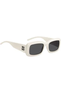 Weiße Sonnenbrille mit Stack-Logo an den Bügeln