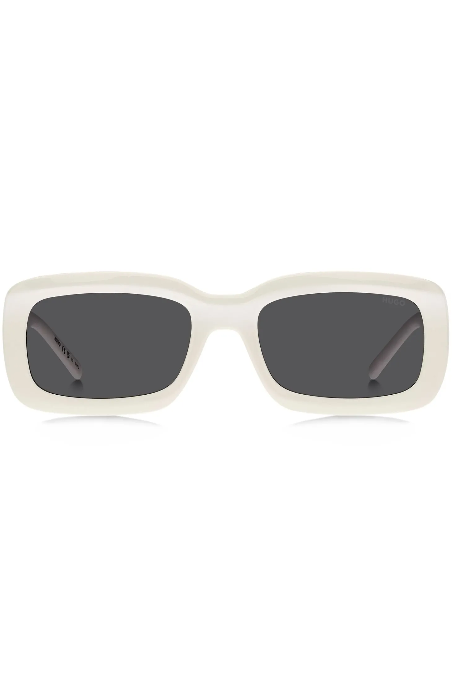 Weiße Sonnenbrille mit Stack-Logo an den Bügeln