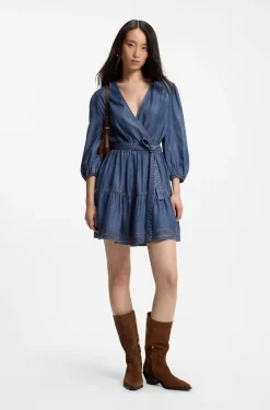 Wickelkleid in Denim-Optik mit Ballonärmeln