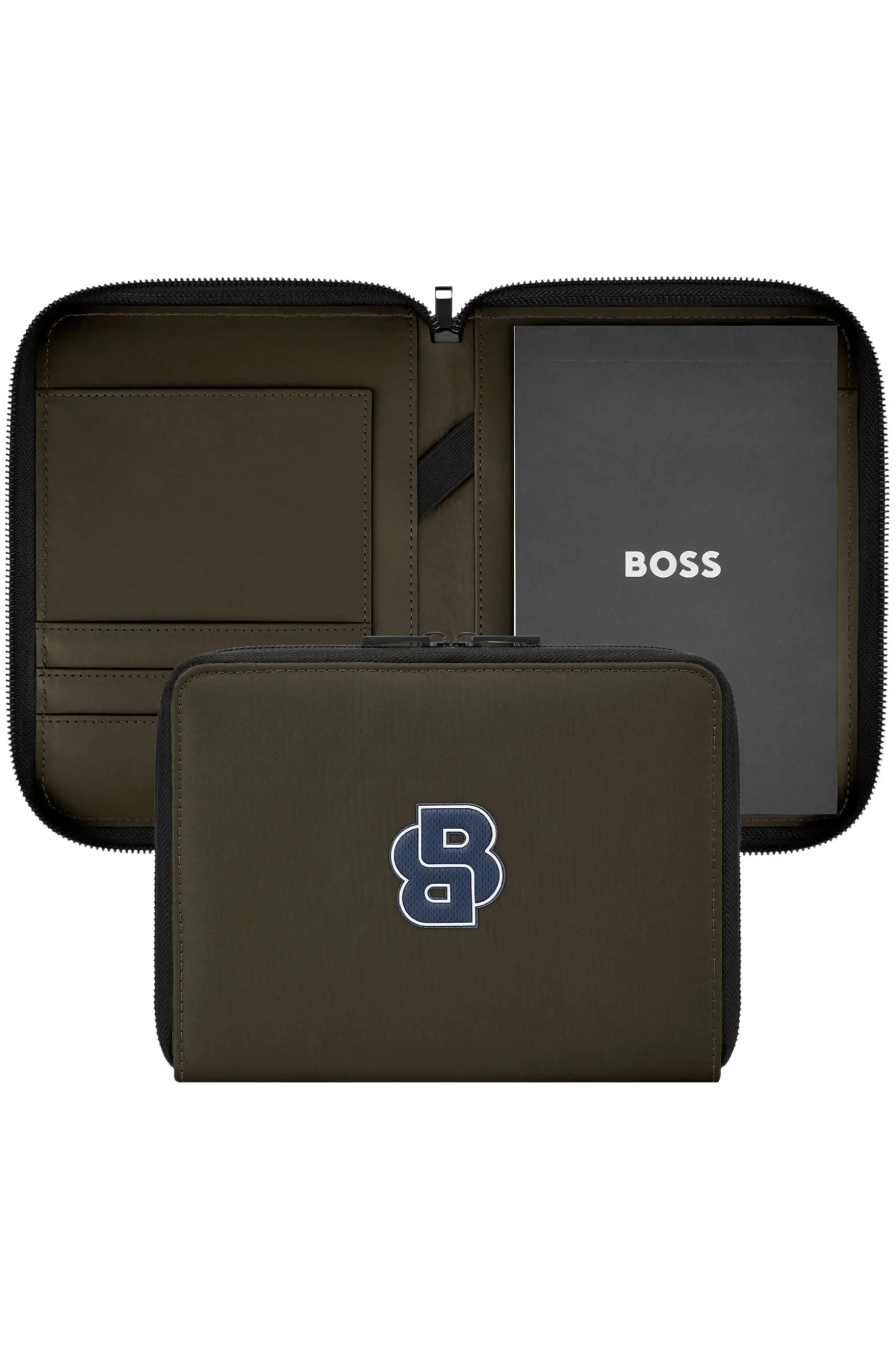 Zipped folder with varsity-style logo patch