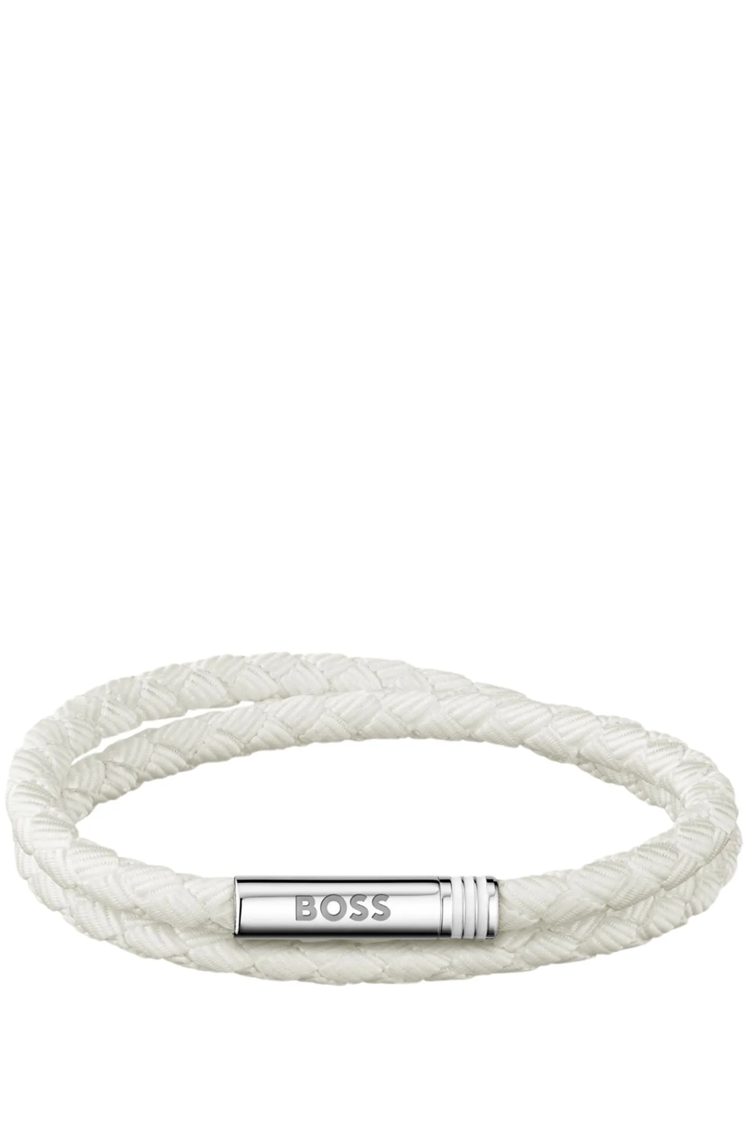 Zweireihiges, geflochtenes, weißes Armband mit Logo-Verschluss